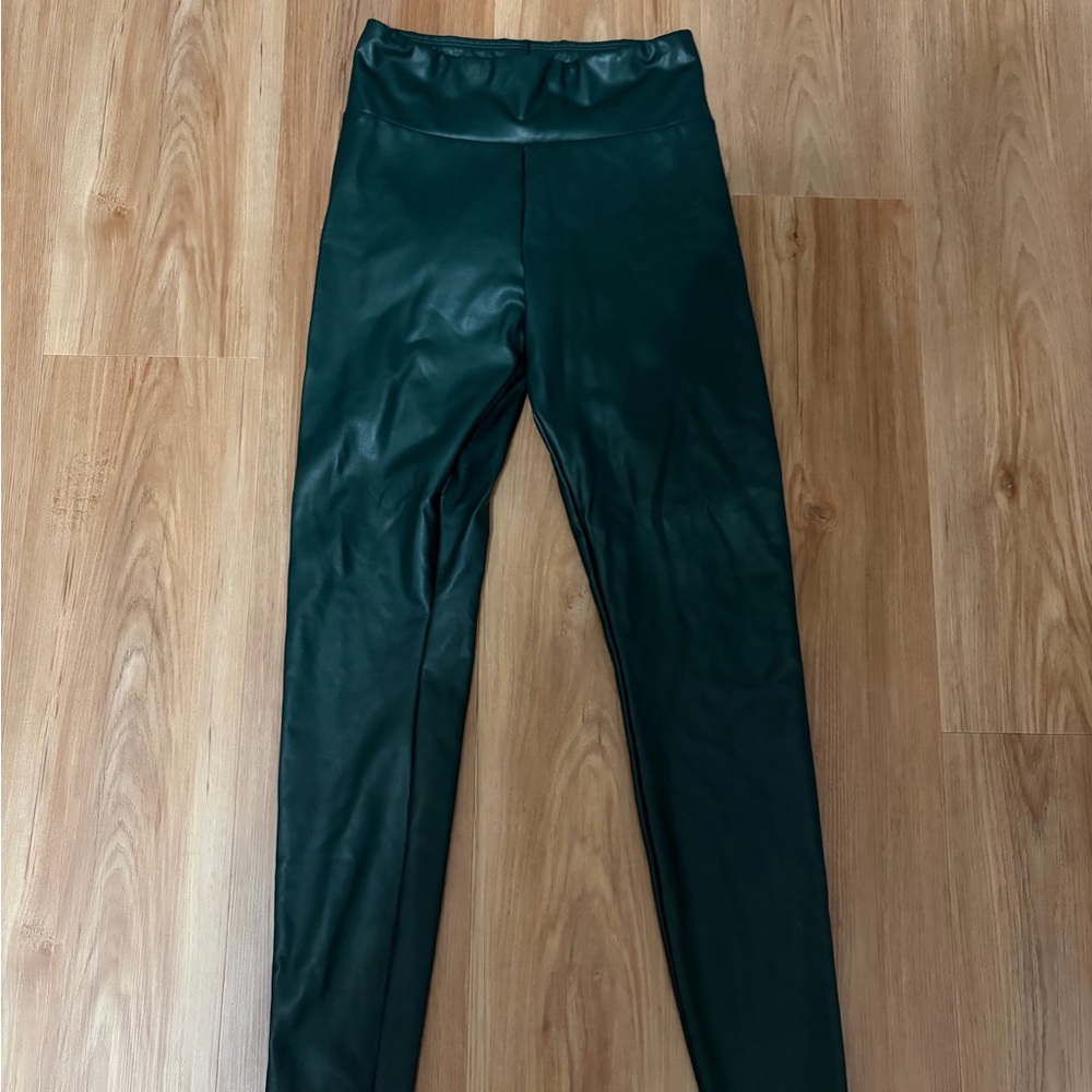 Faux Leather High-Waist Leggings - Dark Green
